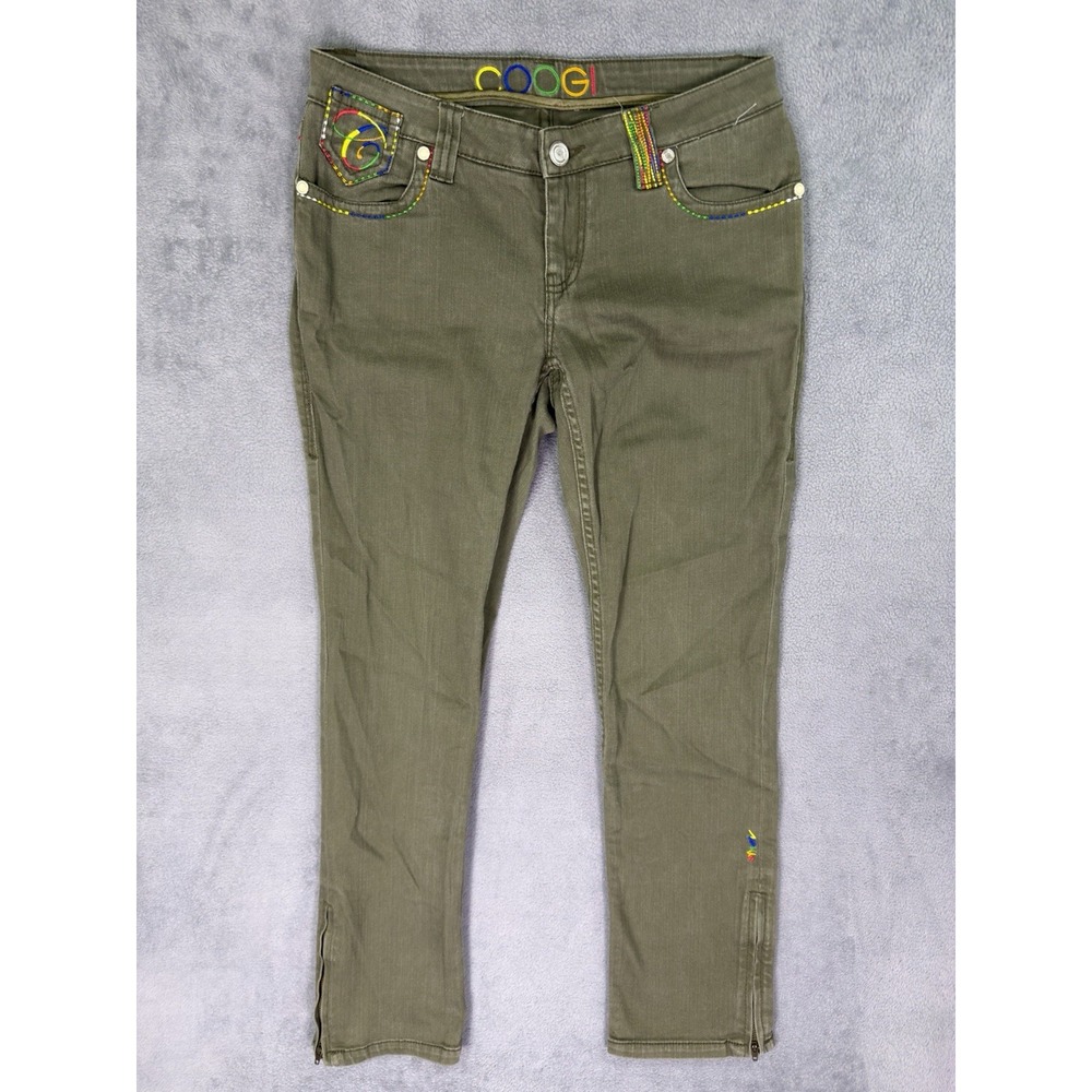 Coogi Jeans Womens 11/12 Green Straight Denim Low Rise Embroidered Zipper Ankles